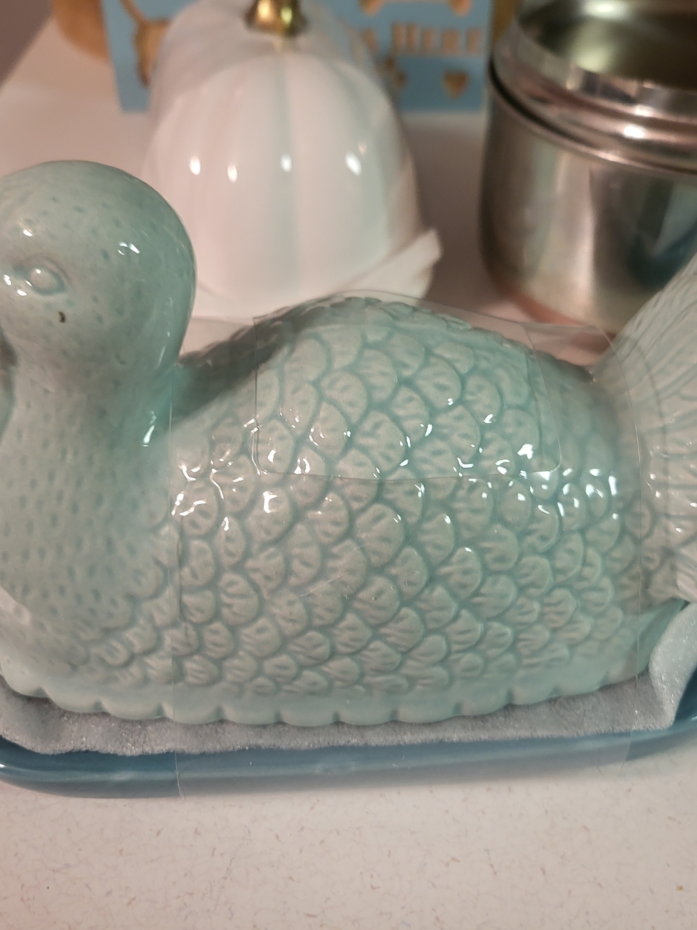 Ceramic Turkey Butter Dish With Lid Blue New Thanksgiving Farmhouse